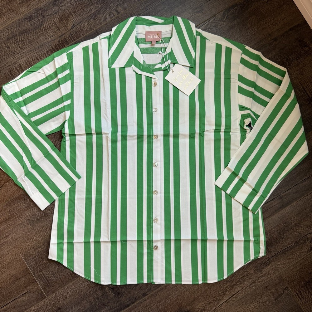 Show Me Your Mumu Berman Button Down Shirt Center Court Green Stripe XS NWT